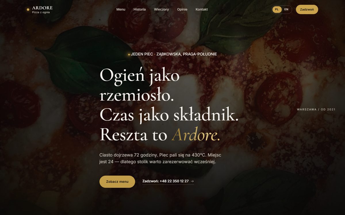 Strona internetowa Ardore – pizzeria rzemieślnicza